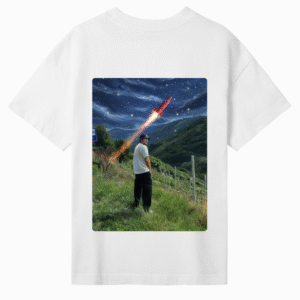 White unisex graphic design T-shirt featuring a print with a guy looking out over the alps and blue sky with an space rocket flying by