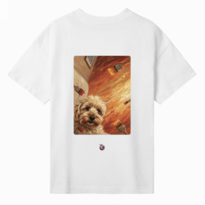 White unisex graphic design T-shirt featuring a cute fluffy dog with paintbrushes and orange abstract background artwork, with small plum logo beneath the design.